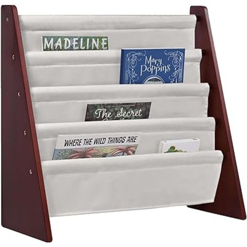 Wildkin Kids Premium Canvas Sling Bookshelf for Boys & Girls, Wooden Design Features Four Fabric Shelves, Keep Bedrooms, Playrooms, & Classrooms Organized, Measures 25 x 24 x 11 Inches -Cherry w/Tan