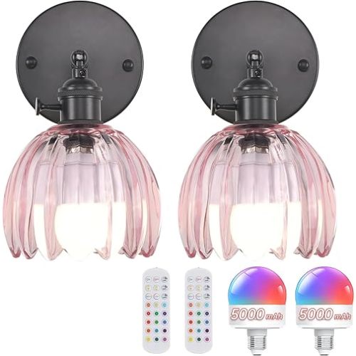 Vintage 5000 mAh Battery Operated Wall Sconce with Pink Clear Tulip Glass Lampshade Rechargeable Battery Powered Wall Light with Remote Control for Bedroom Doorway, Set of 2
