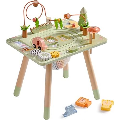 ROBUD Activity Table, 11-in-1 Montessori Learning Table with Bead Maze, Gears, Track, Shape Matching, Storage & More, Wooden Montessori Toys for Toddler, Educational Gift for Baby Boys Girls, Green
