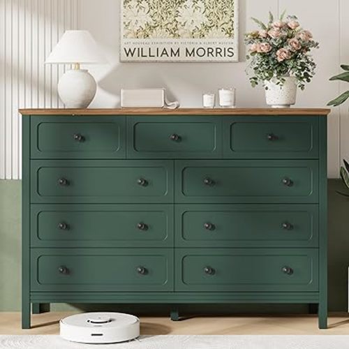 Dresser for Bedoom, Modern Chest of Drawers, Wood 9 Drawer Dresser with Metal Handles, Storage Organizer Wide Dressers for Living Room, Hallway, Entryway, Green