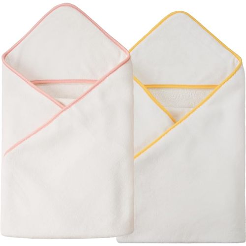 POLYTE Premium Hypoallergenic Microfiber Hooded Baby Bath Towel, 36 x 36 in, 2 Pack (White w/Yellow,Pink Trim) - White W/Yellow,pink Trim