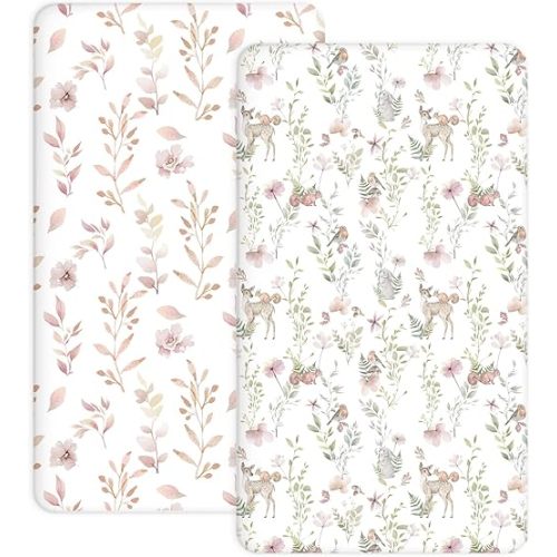 Crib Sheets for Boys and Girls, 2 Pack Fitted Baby Sheets for Standard Toddler Mattress 28" x 52", Soft Breathable Jersey Knit Baby Bedding (Floral Fawn)