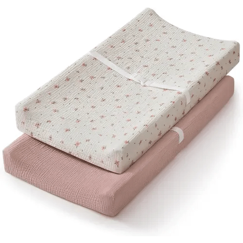 Blissful Diary Muslin Changing Pad Cover for Girls Boys, Ultra Soft Breathable Cotton, Baby Diaper Change Table Pad Covers, 2Pack (Pink Floral & Light Pink)