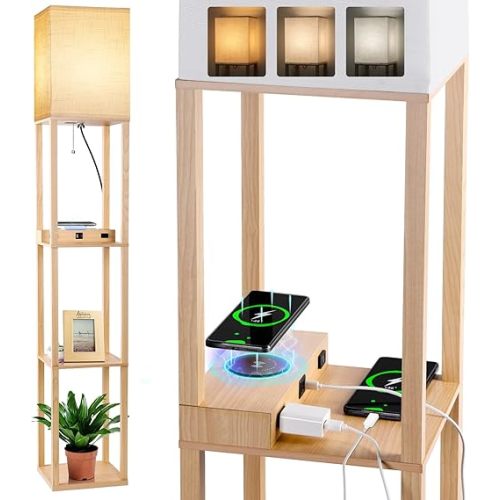 Dott Arts Floor Lamp with Shelves, Shelf Lamp with Wireless Charger & USB A+C Ports & 2 AC Outlets,3 Color Temperature Corner Tall Standing Floor Lamps for Living Room, Bedroom, Office (Burlywood)