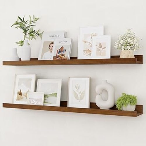 Picture Ledge Shelf, Solid Pine Wood Rustic Floating Shelves for Wall, 36 Inch Long Floating Shelves with Lip for Bedroom Kitchen Living Room Nursery Display, Set of 2 (Walnut)