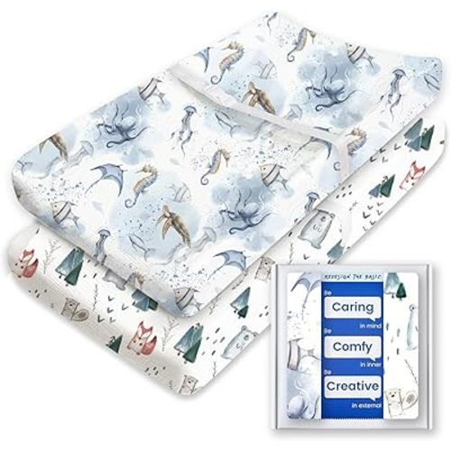 Premium Soft Boho Changing Pad Covers for Girls & Boys - Stretchy Jersey Sheets - Fits Standard Changing Tables - 2 Pack (Whale Dreams)
