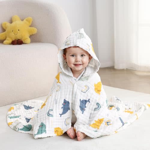 usbettas Muslin Hooded Baby Towels, Ultra Soft & Absorbent Baby Bath Towels, Bath & Beach Essentials, Shower Gifts for Babies, Infant, Toddler and Kids - Large 43x43 Inch (Dolphin)