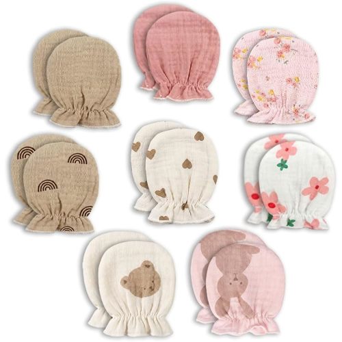 8 Pairs Muslin Newborn Baby Mittens No Scratch, Soft Cotton Baby Gloves Elastic Wrist Breathable Infant Mittens for Baby Boy & Girl Must Have Newborn Essentials for 0-6 Months