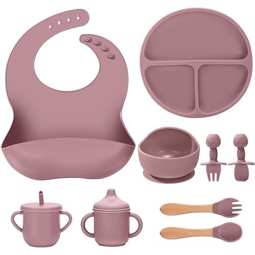 JELLDJK Silicone Baby Feeding Set 9 Pcs, Spill-Proof Suction Plate, Bowl, Bib, Silicone spoon&forks, Wooden Spoons&forks, Training cup with straw and Sippy Cup, Baby Eating Utensils (Pink)
