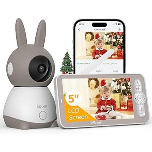 ieGeek 2K Baby Monitor (Moniteur Bébé), 360° AI & Cry Detection Video Baby Monitor Camera w/ 5" Wireless Display, Mobile APP Control & Non WiFi LCD Monitor,2 Way Audio, Temperature,Lullabies