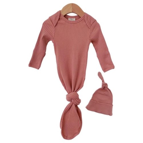 Organic Ribbed Knotted Gown & Hat Set, Dusty Rose