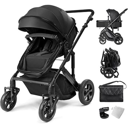 2-in-1 Convertible Baby Stroller with Bassinet Mode, Bassinet Stroller with Reversible Seat, Folding Infant Stroller with Adjustable Backrest & Awning, Toddler Pushchair for 0-36 Months, Black