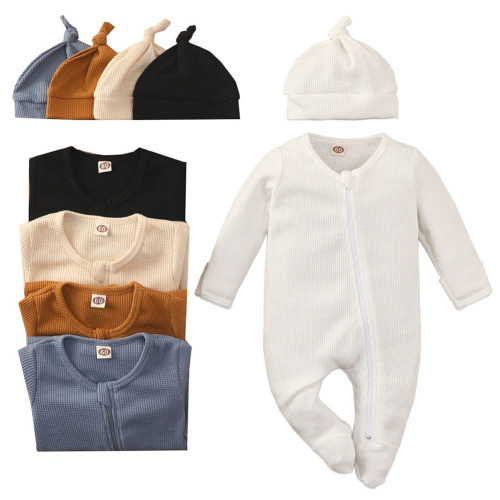 WIBACKER Newborn Baby Boy Girl Waffle Knit Footie Jumpsuit Long Sleeve Romper Hat Fall Winter Clothes