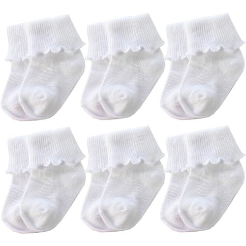 Xiyadun 6 &12 Pairs Infant Toddler Baby Kids Turn Cuff Ruffle Cotton Socks - Ruffle White - 0-6 Months