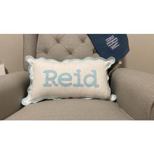 Monogrammed Scallop Wave Pillow Cover | Appliqué Embroidered Throw Pillow | Gift for Baby, Nursery Decor | 12"x20", 18" Insert Not Included