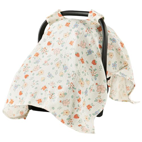 100% Muslin Cotton Car Seat Cover for Baby, Soft Breathable Car Seat Canopy, Universal Infant Carseat Cover Sun Protector, Lightweight Summer Stroller Cover for Boys Girls - Strawberry