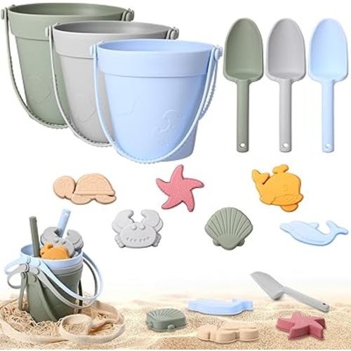 Hungdao 13 Pcs Silicone Beach Toys Travel Beach Set Sand Toys Including 3 Silicone Buckets 3 Shovels 6 Sea Creature Sand Molds 1 Bag for Kids Boys Girls Summer Pool Outdoor Bath(Green Gray Blue)