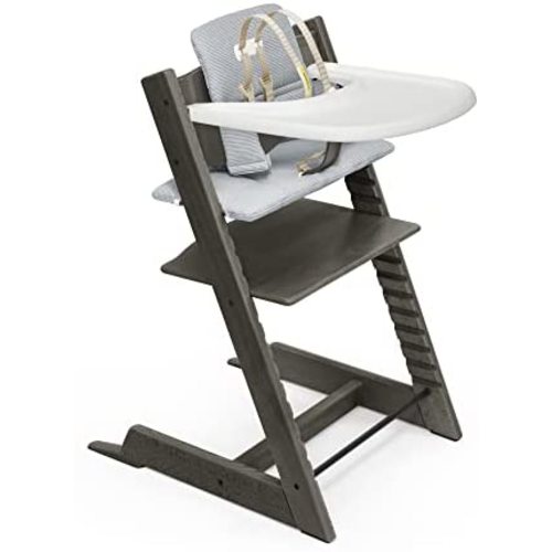 Tripp Trapp High Chair and Cushion with Stokke Tray - Hazy Grey with Nordic Blue - Adjustable, Convertible, All-in-One High Chair for Babies & Toddlers