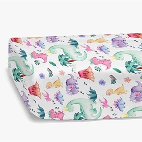 Watercolor Pink Purple Dinosaur Fitted Standard Crib Sheet for Baby Girl, Tropical Dino Lover Toddler Mattress Cover, Soft Breathable Stretchy Nursery Bed Sheets Decor Kids Gift 52" x 28"