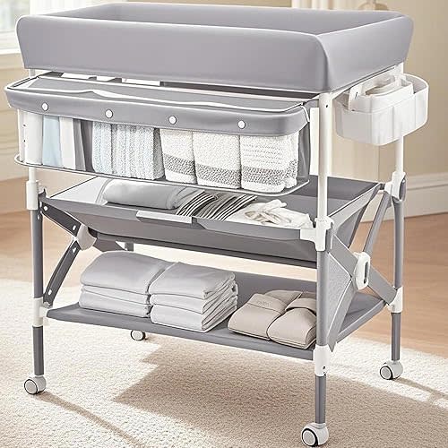 Portable Baby Changing Table, Babevy Foldable Diaper Change Table with Wheels, Adjustable Height, Cleaning Bucket, Changing Station for Infant Mobile Nursery Organizer for Newborn, Grey