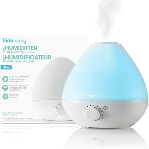 Frida Baby 3-in-1 Cool Mist Humidifier for Large Rooms, Top Fill Humidifier for Bedroom, Allergy Relief, 60 Hour Runtime + Nightlight, Auto Shut-Off, Quiet, Carry Handle, Essential Oil Diffuser