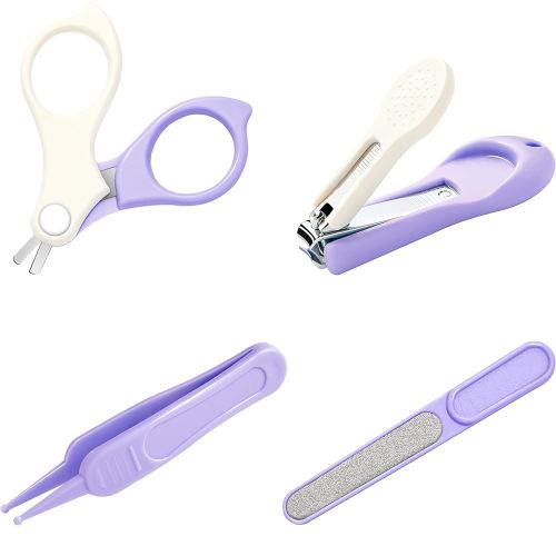 Baby Nail Clippers Kit – 4-in-1 Grooming Set with Delicate Case, Scissors, File & Tweezers, Manicure Gift for Newborn, Infant, Toddler, Kids (Purple)