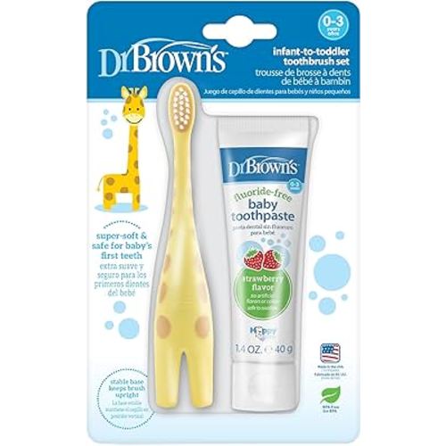 Dr. Brown's Infant-to-Toddler Training Toothbrush Set with Fluoride-Free Baby Toothpaste, Strawberry - Giraffe - 1.4oz - 0-3 years