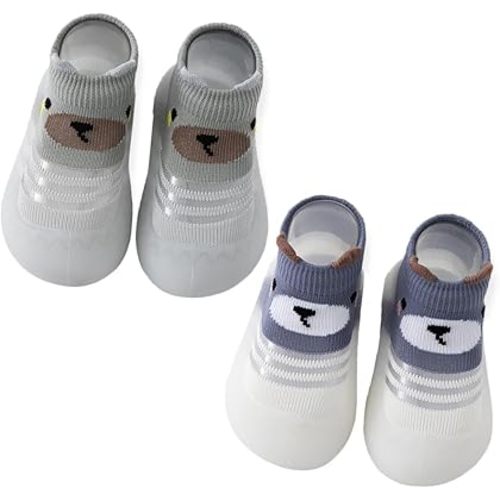 Toddler 2 Pairs Anti-Skid Socks Shoes Baby Boys Girls Rubber Sole Indoor First Walking Slippers