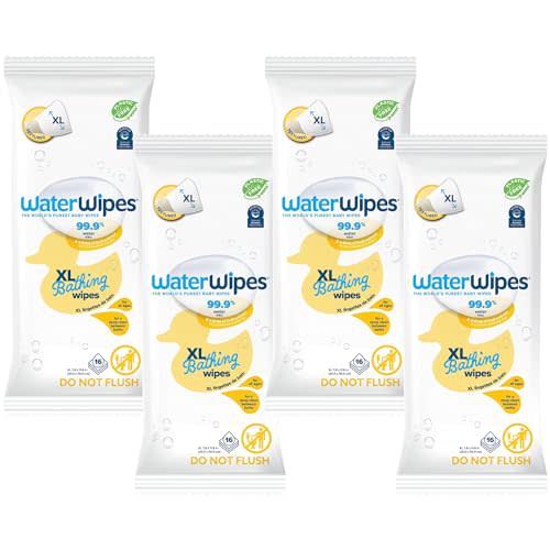 WaterWipes Plastic-Free XL Bathing Wipes for Toddlers & Babies, 99.9% Water Based Wipes, Unscented & Hypoallergenic for Sensitive Skin, 16 Count (4 pack), Packaging May Vary