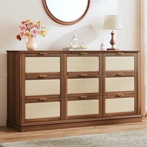 HUAHUU 9 Drawer Dresser for Bedroom, 60 Inch Long Dressers & Rattan Chest of Drawers, Boho Style, Large TV Stand for 55, 65, 70 Inch TV, for Bedroom, Living Room, Entryway, Hallway, Walnut