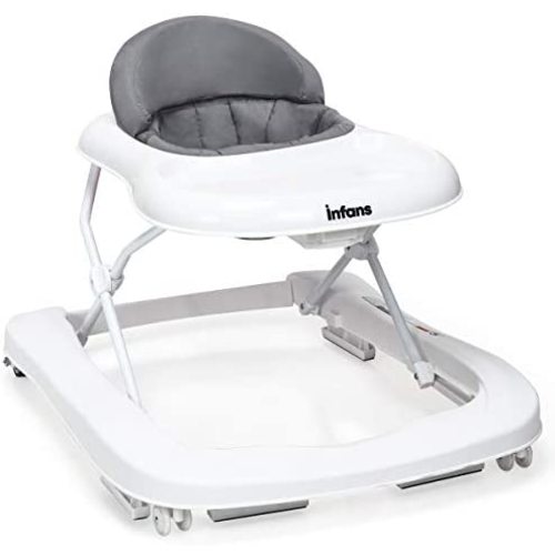 INFANS Foldable Baby Walker for Boys and Girls, 2 in 1 Toddler Walker Learning-Seated or Walk-Behind, Adjustable Speed Rear Wheels, Safety Bumper, Detachable Seat Cover, Anti-Rollover (Grey)