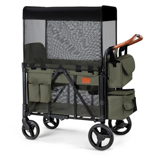 Wagon Stroller for 2 Kids, High Seat & 5 Point Harness, Foldable All-Terrain Wagon for Toddler with Canopy, Parent Organizer, Shoulder Bag, Adjustable Handlebar, Ultimate Double (Green)