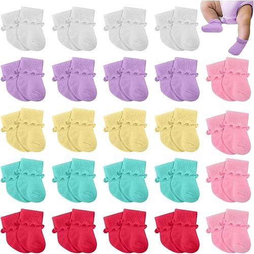 Toulite 24 Pairs Preemie Socks Preemie Cotton Ruffle Socks Turn Cuff Nicu Baby Gift for Hospital Premature Newborn Girls Boys