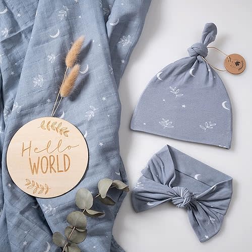 Miaoberry 100% Organic Muslin Swaddle Set w Matching Hat/Bow| Gender Neutral| Hospital Home-Coming Baby Announcement Blanket Gender Neutral for Boy and Girl