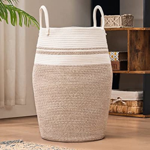 Woven Laundry Hamper Basket, 105L Extra Large Laundry Storage Basket with Heavy Duty Cotton Rope Handles for Clothes and Toys in Bedroom, Nursery Room, Brown