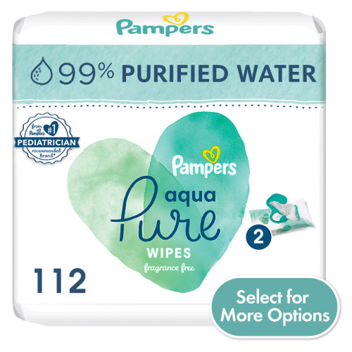 Pampers Aqua Pure Baby Wipes 2X Flip-Top Packs 112 Total Wipes (Select for More Options)