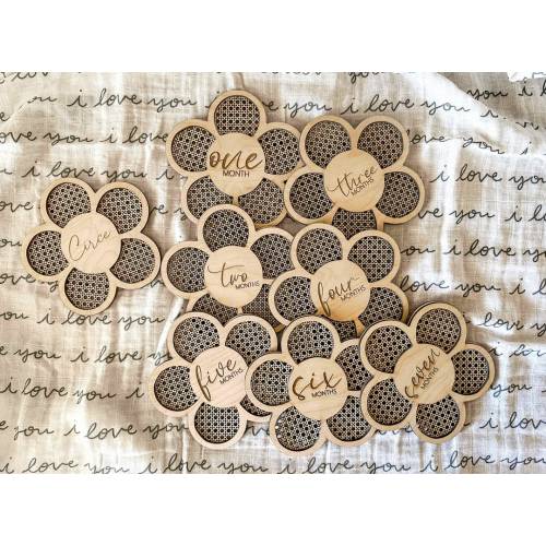 Laser Engraved Rattan Flower Monthly Milestone Discs, Monthly+Hello World