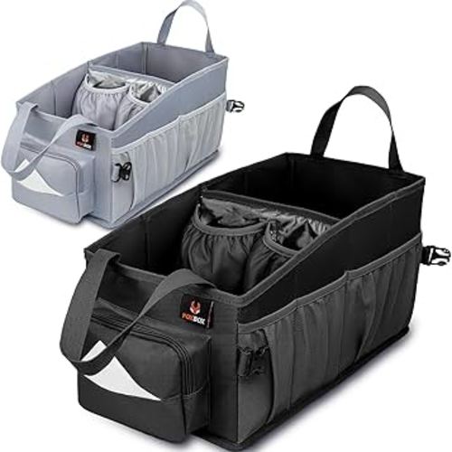 Easy-to-Reach Kids Car Organizer with Tissue Box and Cup Holder for Back Seat, Front Seat, Between Seats, Floor - Tote Car Storage Organization for Toddlers - Kids Road Trip Travel Essentials (Black)