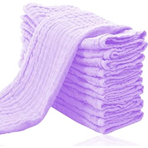 Cute Castle 12 Pack Muslin Burp Cloths for Baby - Ultra-Soft 100% Cotton Baby Washcloths - Large 20'' by 10'' Super Absorbent Milk Spit Up Rags - Burpy Cloths for Unisex, Boy, Girl - Purple