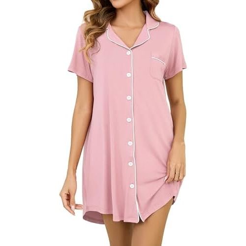Nightgowns for Women Short Sleeve Button Down Nightshirt Soft Sleepshirt Boyfriend Pajama Dress