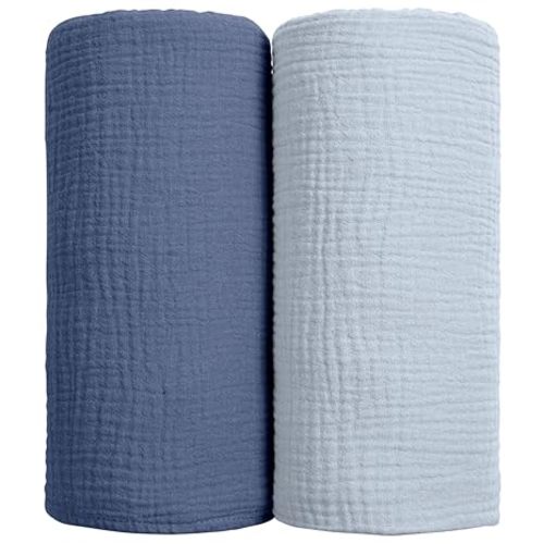 lulumoon Muslin Swaddle Blanket Baby - Cotton Swaddling Blanket Soft Baby Receiving Blanket Neutral 2Pack(Navy) - L-navy - Solid