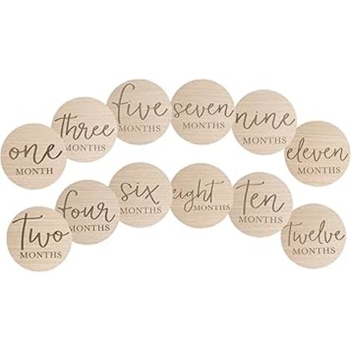 Little Pear Wooden Milestone Photo Cards - Double-Sided Baby Announcement Discs, Ideal Photo Prop for Monthly Pregnancy Journey and Baby Milestones, 1-12 Months, Light Wood