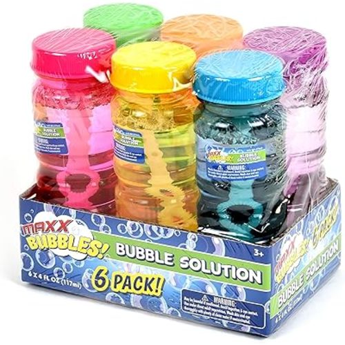 Sunny Days Entertainment 6 Pack Bubble Solution – 4oz Bubble Blower Bottles with 6-Hole Wand | Bottle of Bubble Solution for Kids | Birthday Party Favor Toy - Maxx Bubbles