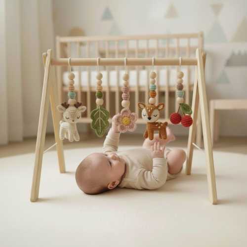 Woodland Baby Gym Wooden Play Gym with Crochet Deer Fawn Leaf Flower Cherry | Montessori Baby Activity Gym | Forest Nursery Decor