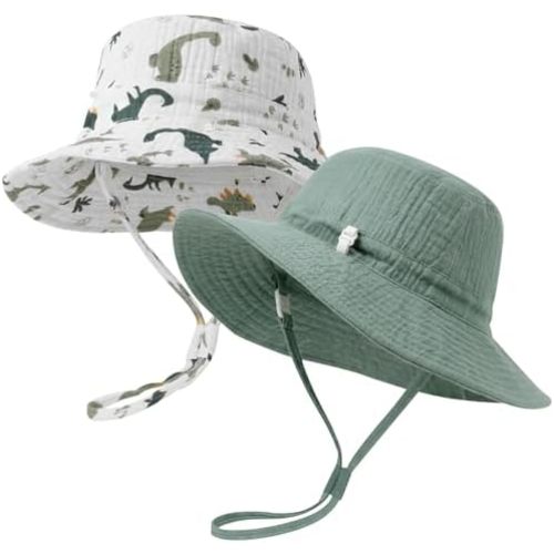 Play Tailor 2 Pack Newborn Baby Sun Hat Breathable Muslin Cotton Infant Bucket Cap Adjustable Wide Brim Summer Beach 0-9M