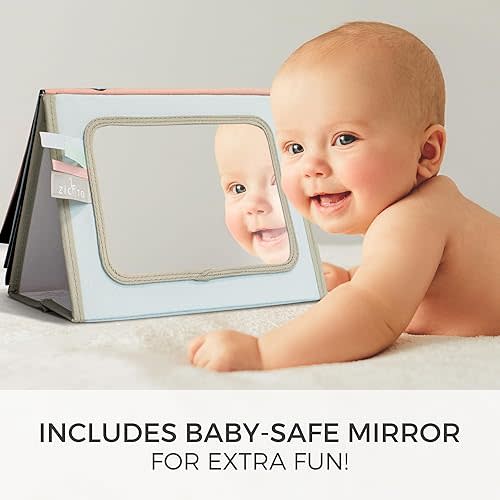 Soft Tummy Time Book w/Large Stimulating Baby Safe Mirror - Fun High Contrast Montessori Toy w/Mirror, Crinkle Filling & Silicone Teether - The Perfect Toy for Safe Early Newborn/Infant Development