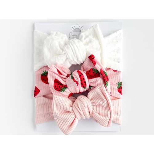 Oversized Bow Bundle: Pink Strawberries (White Swiss Dot, Fruit Print, Light Pink Ribbed), Newborn / Baby Headband Wraps