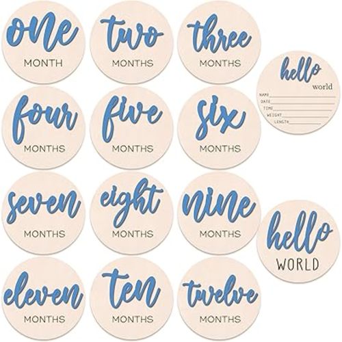 7 PCS Baby Monthly Milestone Wooden Signs 3D Girl Baby 1-12 Months Announcement Card Sign Wood Markers Disc Block Baby Keepsake Double Sided Engraved Keepsake Photo Prop (Dark Blue)