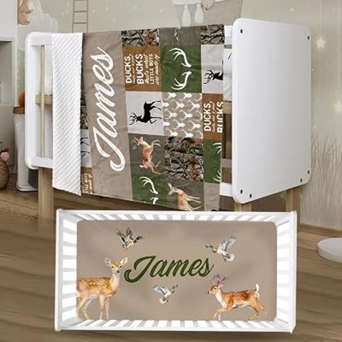 Personalized Crib Bedding Set for Boys Girls, Custom Baby Crib Sets with Name, Multi-grid Deer Design Nursery Bedding 2 Piece - Soft Blanket with Double Layer Dotted Backing, Crib Fitted Sheet