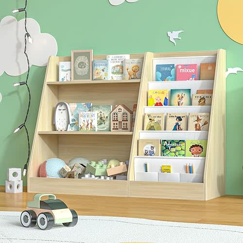 Kids Bookshelf and Toy Storage, 3 Tier Wooden Kids Bookcase with Storage, Floor-to-Ceiling Baby Book Organizer with Sling, Children Book Rack for Playroom, Classroom, Nursery, Natural